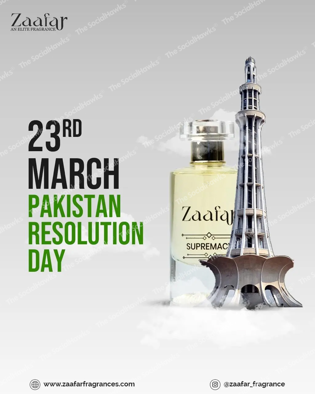 Zaafar Supremacy perfume with Minar-e-Pakistan for Pakistan Resolution Day post
